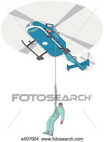 Stock Illustration - An emergency rescue helicopter is lowering a rescuer to an emergency site.. Fotosearch