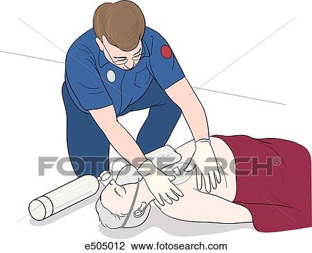 an EMT applying a chest seal used to treat an open chest wound in a trauma victim. View Large Illustration Drawing - an EMT applying a chest seal used to treat an open chest wound in a trauma victim.. Fotosearch