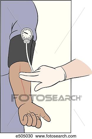 An EMT measures the blood pressure of a female patient. Insert shows how the brachial artery is located. View Large Illustration Clipart - An EMT measures the blood pressure of a female patient. Insert shows how the brachial artery is located.. Fotosearch