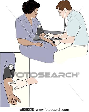 An EMT measures the blood pressure of a female patient. Insert shows how the brachial artery is located. In the main image the EMT listens with the stethoscope over the brachial artery as he deflates the cuff. View Large Illustration Stock Illustration - An EMT measures the blood pressure of a female patient. Insert shows how the brachial artery is located. In the main image the EMT listens with the stethoscope over the brachial artery as he deflates the cuff.. Fotosearch