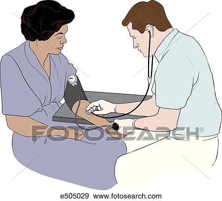 Stock Illustration - An EMT measures the blood pressure of a female patient. EMT listens with the stethoscope over the brachial artery as he deflates the cuff.. Fotosearch
