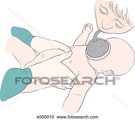 As one person applies chest compressions to a newborn using both thumbs a second person is breathing into a pocket mask. The rescuer's thumbs should be positioned side by side on the middle third of the newborn's sternum, just below the nipple line. View Large Illustration Clipart - As one person applies chest compressions to a newborn using both thumbs a second person is breathing into a pocket mask. The rescuer's thumbs should be positioned side by side on the middle third of the newborn's sternum, just below the nipple line.. Fotosearch