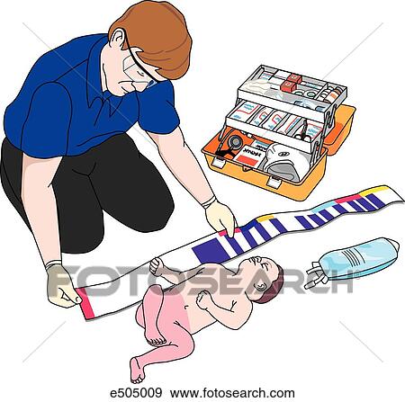 Emergency rescue worker measures out Broselow tape for treating an infant victim. View Large Illustration Stock Illustration - Emergency rescue worker measures out Broselow tape for treating an infant victim.. Fotosearch