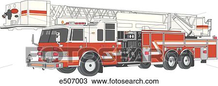 Example of a rear mount Quint fire engine with a bucket (tower ladder) used to put out fires in taller buildings and rooftops. View Large Illustration Drawing - Example of a rear mount Quint fire engine with a bucket (tower ladder) used to put out fires in taller buildings and rooftops.. Fotosearch