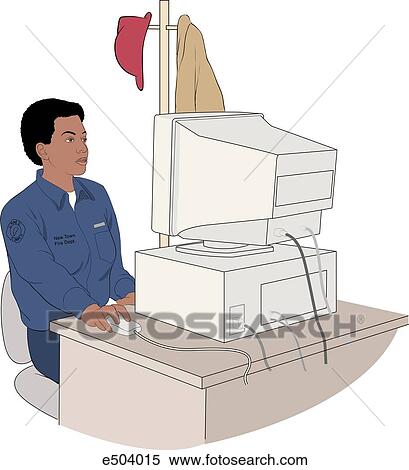 Stock Illustration - Female African-american firefighter working at a computer at the fire station.. Fotosearch