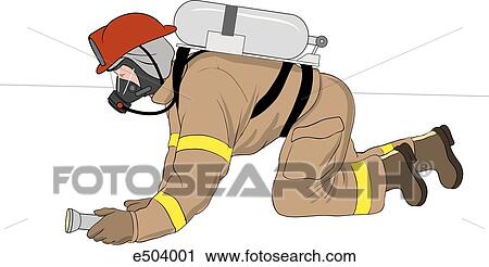 firefighter in full protective gear crawling along the floor under the smoke. View Large Illustration Clip Art - firefighter in full protective gear crawling along the floor under the smoke.. Fotosearch