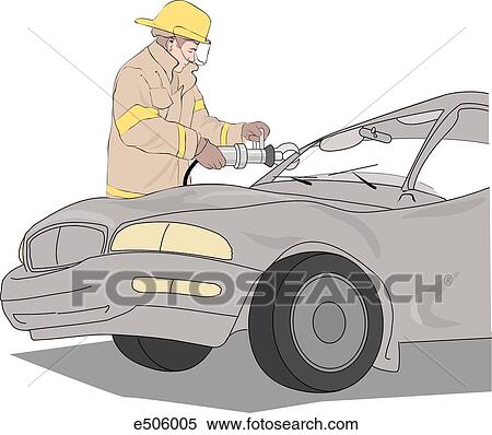 Firefighter uses a hydraulic cutter to begin removing roof from automobile. View Large Illustration Stock Illustration - Firefighter uses a hydraulic cutter to begin removing roof from automobile.. Fotosearch