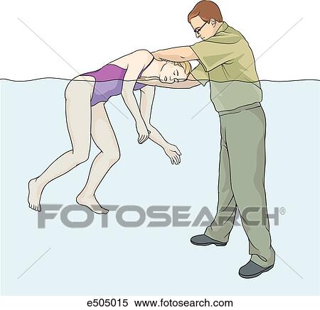 First step in technique for extricating victim from water from presumed diving accident. Technician should splint victim's head and neck between rescuer's arms. View Large Illustration Stock Illustration - First step in technique for extricating victim from water from presumed diving accident. Technician should splint victim's head and neck between rescuer's arms.. Fotosearch