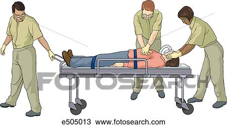 Drawing - Image showing an EMT or hospital orderly wheeling a patient on a stretcher while two other health care professionals continue CPR.. Fotosearch