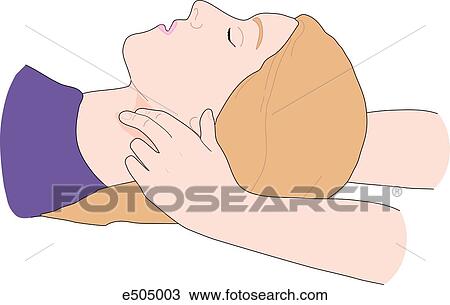 Image showing technique for assessing carotid pulse. Health care professional approaches from the head and, placing hands on both sides of the victim's head feels for the carotid pulse in the neck with index and middle fingers. View Large Illustration Drawing - Image showing technique for assessing carotid pulse. Health care professional approaches from the head and, placing hands on both sides of the victim's head feels for the carotid pulse in the neck with index and middle fingers.. Fotosearch