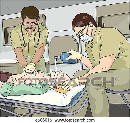 One EMT performs CPR on a patient while the other operates a bag-valve-mask. Patient is being transported to hospital in an ambulance. View Large Illustration Stock Illustration - One EMT performs CPR on a patient while the other operates a bag-valve-mask. Patient is being transported to hospital in an ambulance.. Fotosearch