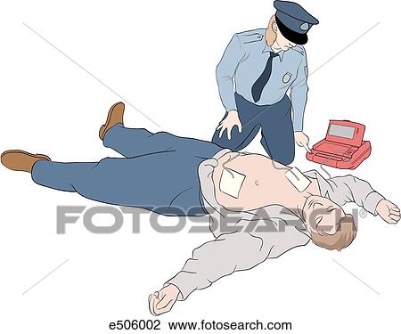 Drawing - Policewoman has placed paddles onto a laying victim and is about to administer shock using an automated external defibrillator to stop cardiac arrest.. Fotosearch