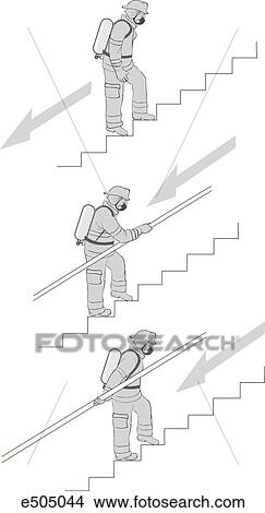 Stock Illustration - Safe and dangerous methods of walking down stairs. Top image shows firefighter walking down backwards without a handrail, the most dangerous of three. Middle shows firefighter grasping handrail palms down. In bottom image firefighter uses a palms up t. Fotosearch