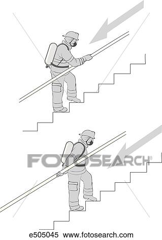 Safe and dangerous methods of walking down stairs. Top image shows firefighter grasping handrail palms down. In bottom image firefighter uses a palms up technique, the safest one. View Large Illustration Stock Illustration - Safe and dangerous methods of walking down stairs. Top image shows firefighter grasping handrail palms down. In bottom image firefighter uses a palms up technique, the safest one.. Fotosearch