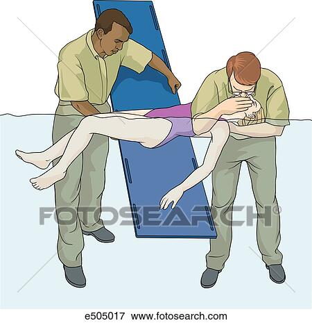 Third step in technique for extricating victim from water from presumed diving accident. With artificial ventilation ongoing, backboard is slid beneath victim. View Large Illustration Stock Illustration - Third step in technique for extricating victim from water from presumed diving accident. With artificial ventilation ongoing, backboard is slid beneath victim. . Fotosearch