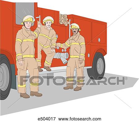 Three firefighters, one female and two male standing next to their fire engine. View Large Illustration Stock Illustration - Three firefighters, one female and two male standing next to their fire engine.. Fotosearch