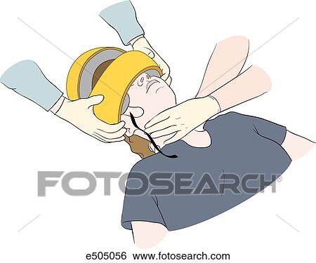 Stock Illustration - Three step process for removing a helmet from an accident victim. (Step 2) While removing the helmet it must be expanded laterally to clear the ears. Throughout the removal process the second rescuer maintains inline traction.. Fotosearch