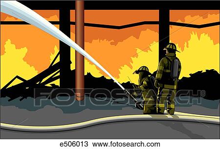 Two firefighters are spraying water at a burning building during a night time fire. View Large Illustration Drawing - Two firefighters are spraying water at a burning building during a night time fire.. Fotosearch
