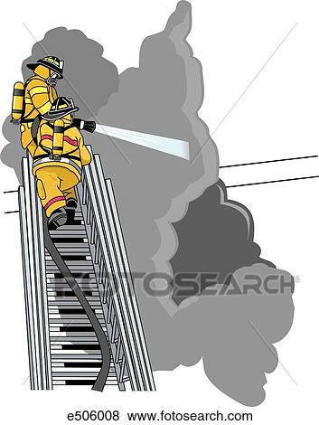 Stock Illustration - Two firefighters climb up an aerial ladder carrying a firehose which is shooting a stream of water at the fire.. Fotosearch