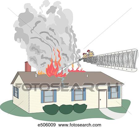 Two fireman stand atop a laddertruck ladder spraying water onto the burning roof of a house. View Large Illustration Stock Illustration - Two fireman stand atop a laddertruck ladder spraying water onto the burning roof of a house.. Fotosearch