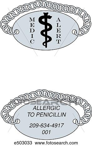 Drawing - Two medical alert tags worn as bracelets in order to warn rescue teams and other caregivers that the patient or victim may be allergic to a particular medication or treatment. (top) Front side, (bottom) back side showing what the individual is allergic to. Fotosearch