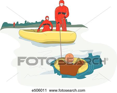 Two rescuers wearing ice suits attempt to rescue a man that has fallen through the ice on a lake. The rescuers have tossed the victim a life ring. The rubber raft is tethered to shore. View Large Illustration Clip Art - Two rescuers wearing ice suits attempt to rescue a man that has fallen through the ice on a lake. The rescuers have tossed the victim a life ring. The rubber raft is tethered to shore.. Fotosearch