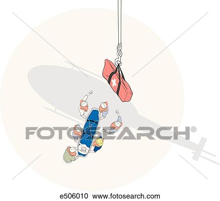 View from helicopter of a rescue team in the water having secured a patient to a spine board in preparation of lifting the victim up to the helicopter. View Large Illustration Clipart - View from helicopter of a rescue team in the water having secured a patient to a spine board in preparation of lifting the victim up to the helicopter.. Fotosearch