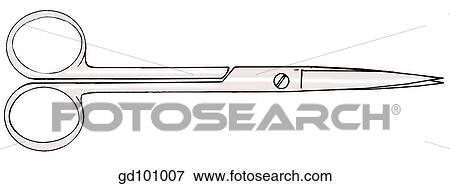 Stock Illustration - Two types of scissors used for the dissection of delicate structures. A larger, heavy dissecting scissors about 15 cm in length, and a fine pair of scissors with two sharp points for dissection of delicate structures.. Fotosearch