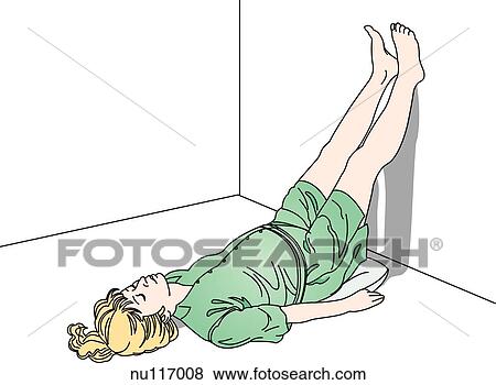 斜め 光景 の 女 床の上に横たわる で 上がる 足 延長 かかと に対して Wall A 枕 持つ ある 置かれた 下に 彼女 権利 Hip イラスト Nu Fotosearch
