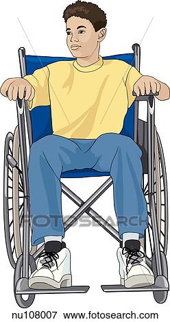 A child in street clothes sits in a wheelchair. View Large Illustration Stock Illustration - A child in street clothes sits in a wheelchair.. Fotosearch