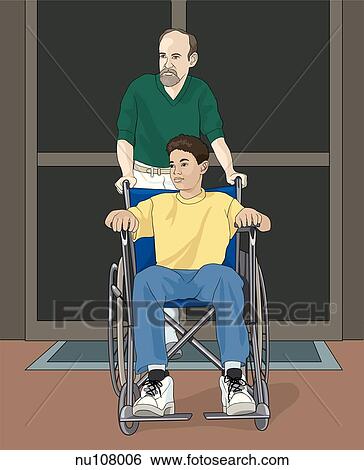 Stock Illustration - A man pushes a child in a wheelchair, they are waiting in front of hospital doors.. Fotosearch