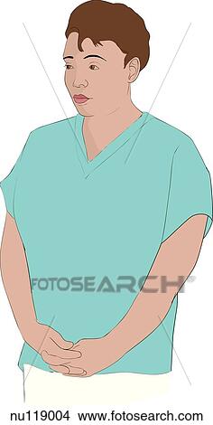 A nurse stands looking to her right with her hands clasped in front of her at waist level. View Large Illustration Stock Illustration - A nurse stands looking to her right with her hands clasped in front of her at waist level.. Fotosearch