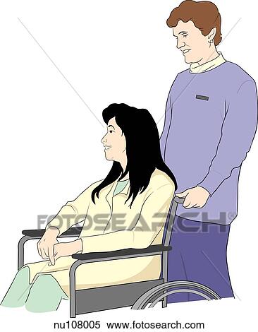 Stock Illustration - A smiling female patient in wheel chair being pushed by a health care professional (nurse).. Fotosearch