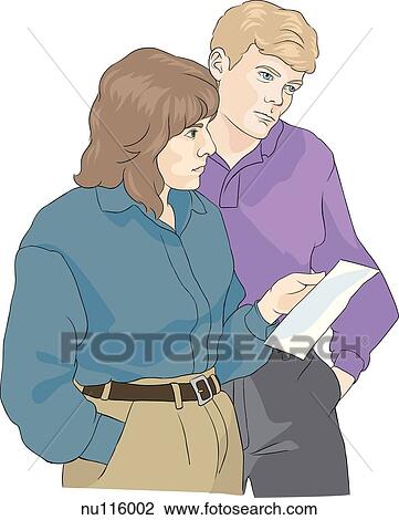 Drawing - A young couple stand next to each other. The woman holds a brochure.. Fotosearch