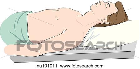 Adult male in supine position shown from waist up with shoulders and chest exposed, lower body draped, eyes closed. View Large Illustration Clip Art - Adult male in supine position shown from waist up with shoulders and chest exposed, lower body draped, eyes closed.. Fotosearch
