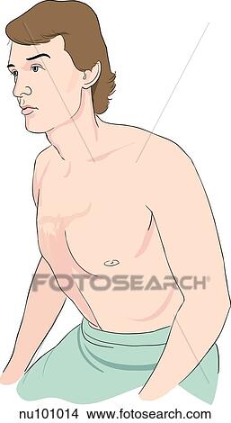 Stock Illustration - Adult male, seated, shown from waist up with chest and shoulders exposed, lower body draped.. Fotosearch