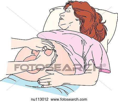 Anterolateral view of a health care worker performing the first Leopold maneuver on a pregnant woman and fetus. The superior surface of the fundus is palpated to determine consitency, shape, and mobility. View Large Illustration Drawing - Anterolateral view of a health care worker performing the first Leopold maneuver on a pregnant woman and fetus. The superior surface of the fundus is palpated to determine consitency, shape, and mobility.. Fotosearch