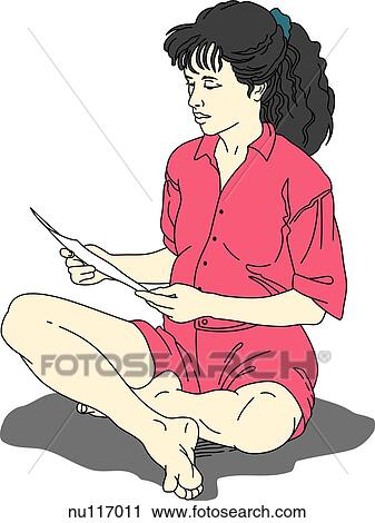 Anterolateral view of woman sitting in the tailor position. Legs are parallel with one ankle placed in front of (not on top of) the other. The woman is reading a piece of paper. View Large Illustration Clip Art - Anterolateral view of woman sitting in the tailor position. Legs are parallel with one ankle placed in front of (not on top of) the other. The woman is reading a piece of paper.. Fotosearch