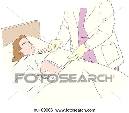 Stock Illustration - Body of nurse shown applying new sterile dressing to female patient's abdomen.. Fotosearch