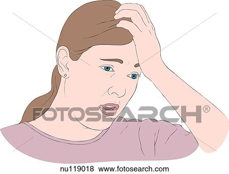 Stock Illustration - Close up of woman's face with worried expression and hand on forehead.. Fotosearch