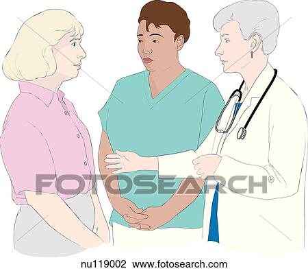 Doctor and nurse console worried looking woman in street clothes. View Large Illustration Drawing - Doctor and nurse console worried looking woman in street clothes.. Fotosearch