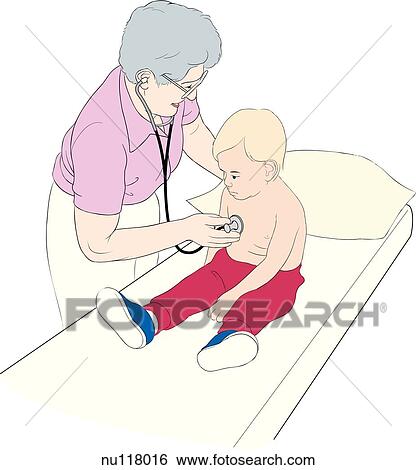 Stock Illustration - Elderly female nurse auscultates a male toddler using a stethoscope. . Fotosearch