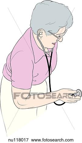 Elderly female nurse auscultates a patient using a stethoscope. View Large Illustration Stock Illustration - Elderly female nurse auscultates a patient using a stethoscope. . Fotosearch