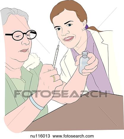 Elderly female patient holding vial and syringe while being guided by nurse. View Large Illustration Drawing - Elderly female patient holding vial and syringe while being guided by nurse.. Fotosearch