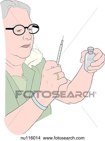 Stock Illustration - Elderly female patient holding vial and syringe.. Fotosearch