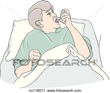 Elderly female patient in hospital bed holds nebulizer to mouth. View Large Illustration Clip Art - Elderly female patient in hospital bed holds nebulizer to mouth.. Fotosearch