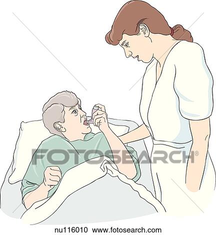 Clipart - Elderly female patient in hospital bed holds nebulizer to mouth, nurse stands beside her, talking, with hand on patient's shoulder.. Fotosearch