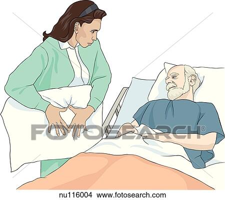 Elderly male patient in hospital bed watches nurse demonstrate splinting with pillow. View Large Illustration Stock Illustration - Elderly male patient in hospital bed watches nurse demonstrate splinting with pillow.. Fotosearch