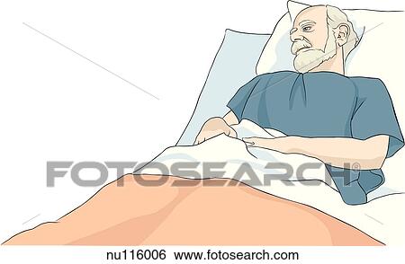 Elderly male patient in hospital bed looks down and to the right while his hands hold his side. View Large Illustration Stock Illustration - Elderly male patient in hospital bed looks down and to the right while his hands hold his side.. Fotosearch