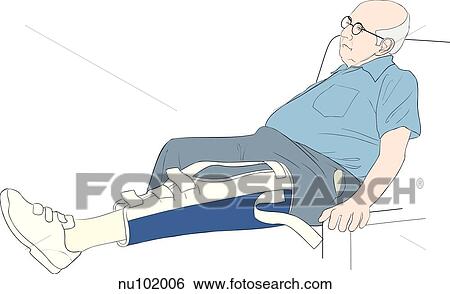 Elderly man sitting in chair, left leg immobilized. View Large Illustration Stock Illustration - Elderly man sitting in chair, left leg immobilized.. Fotosearch